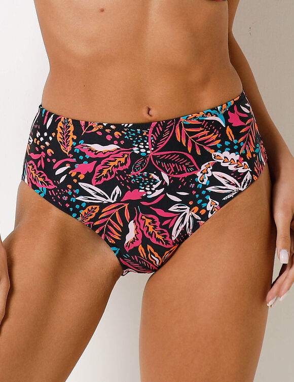 Culotte de bain maxi imprim&eacute; Kalibo, effet gainant (noir / rose)