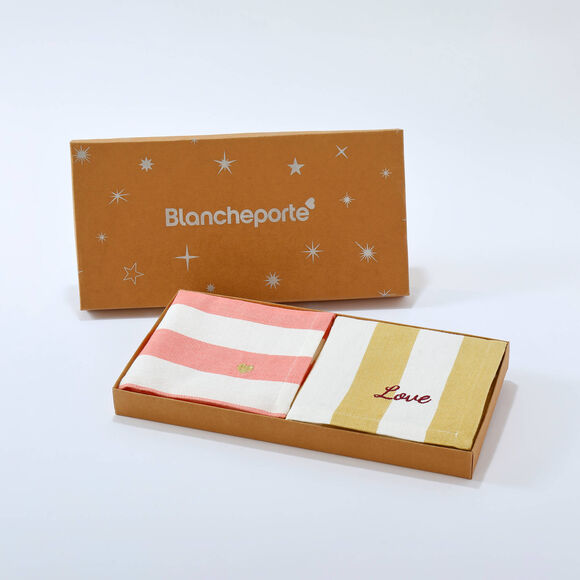 Coffret de 4 serviettes de table en coton, brod&eacute;es (rose + jaune)