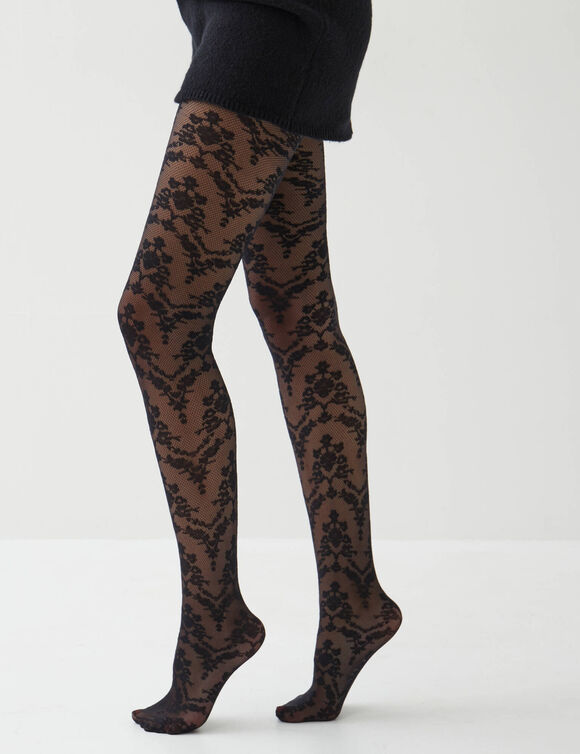 Collants motifs fine r&eacute;sille et dentelle fleurie - lot de 2 (noir)