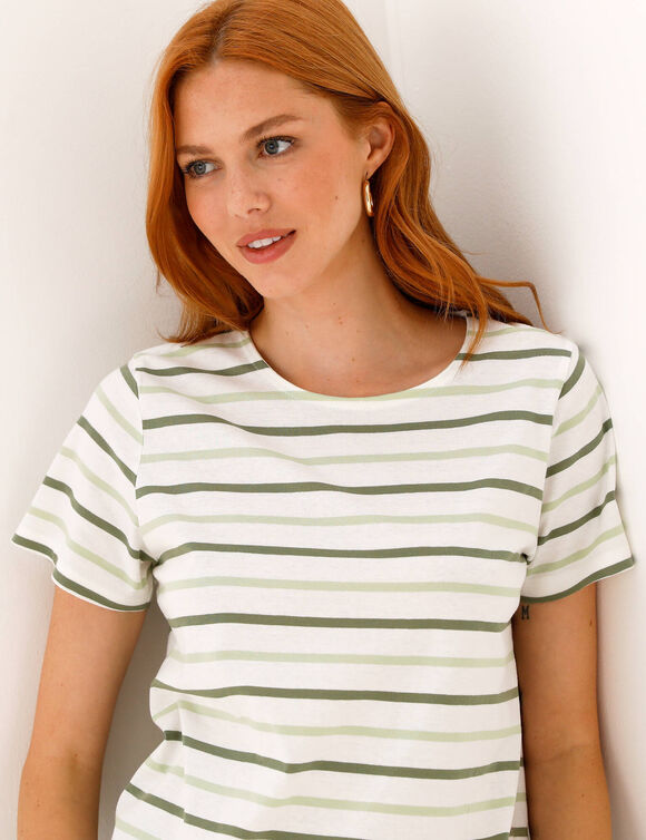 T-shirt ray&eacute; manches courtes, maille jersey (&eacute;cru / vert amande)