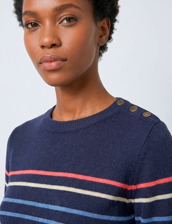 Pull col rond ray&eacute; marini&egrave;re, boutons &eacute;paule (marine / bleu)