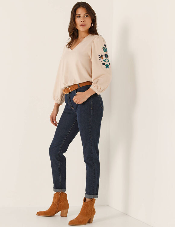 T-shirt brodé col V, manches 3/4 (beige / bleu)