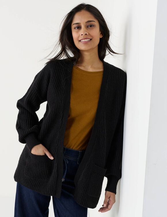 Gilet long ouvert, maille anglaise (noir)