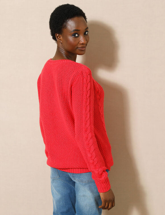 Pull col rond, maille torsadée (rouge)