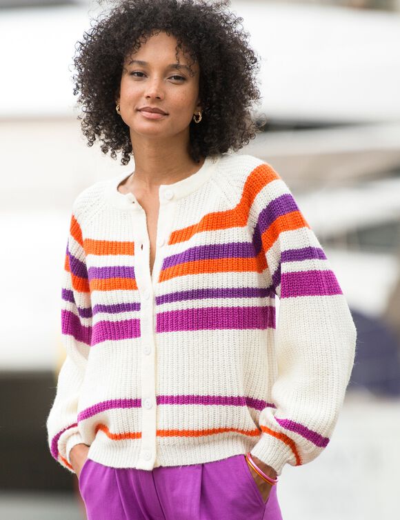 Gestreepte cardigan met knoopsluiting (ecru / violine)