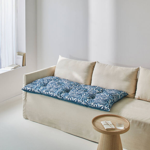 Long coussin d&eacute;co imprim&eacute; feuillage (bleu)