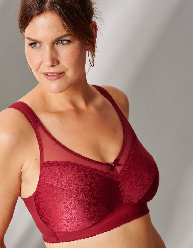 Beha in gesatineerd jacquardtricot, zonder beugels, rood Beha in gesatineerd jacquardtricot, zonder beugels, rood, hi-res
