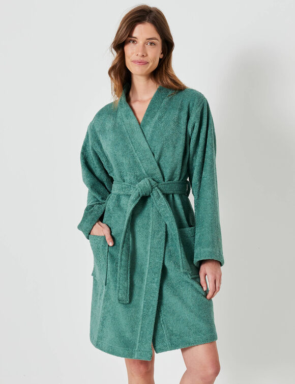 Peignoir court adulte col kimono éponge bouclette (eucalyptus)