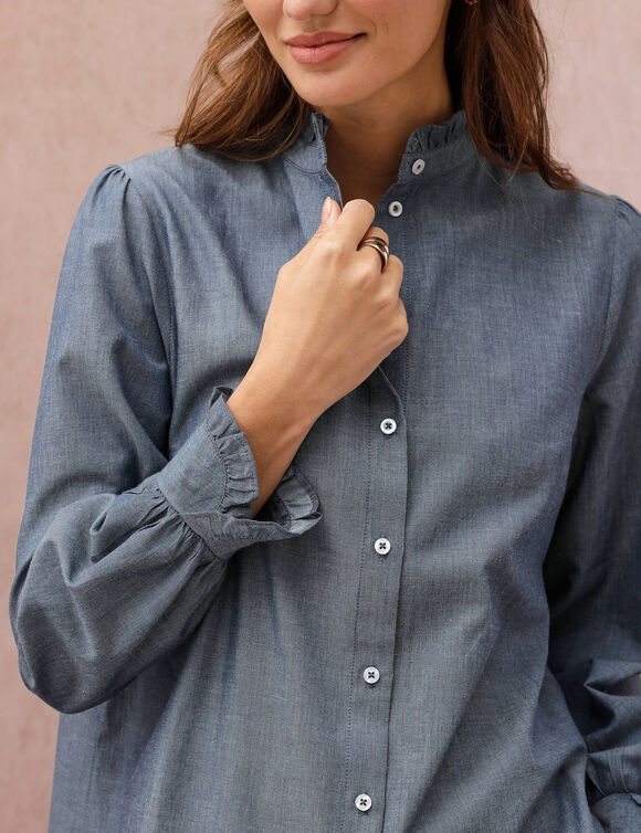 Chemise col officier volant&eacute;, manches longues, jean chambray (bleu jean)