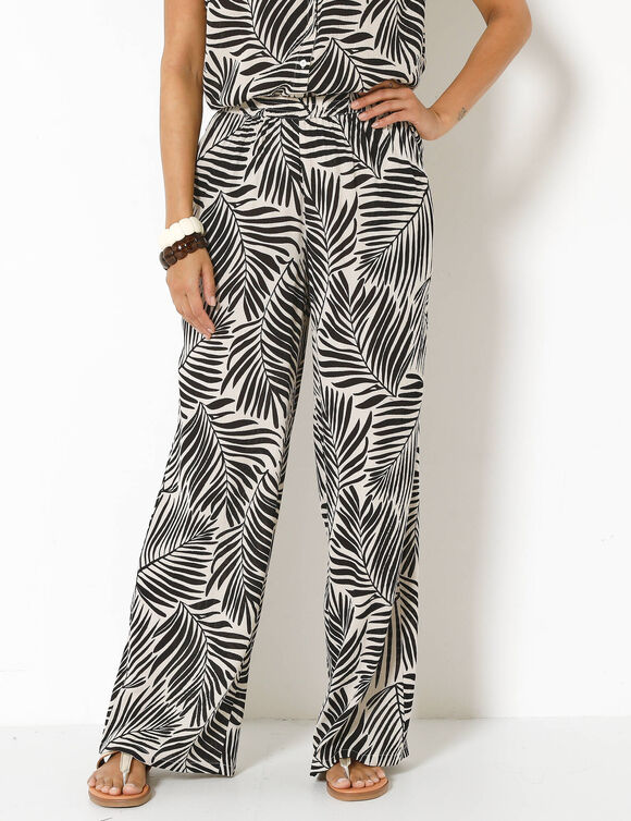 Pantalon large taille &eacute;lastiqu&eacute;e imprim&eacute; palme, cr&eacute;pon fluide (&eacute;cru / noir)