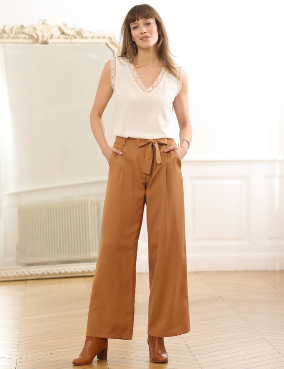 Caraco fluide col V dentelle, crêpe **polyester recyclé (blanc cassé)