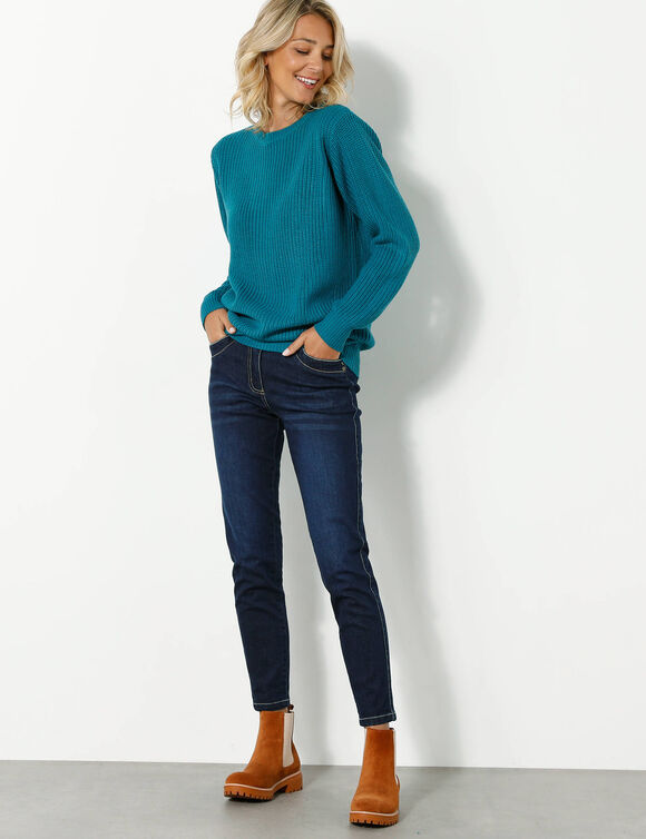Pull col rond maille anglaise (bleu pétrole)