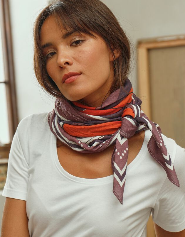 Foulard fabriqué en France imprimé pêches, 98x98 cm, coton biologique, collection "Odette Lepeltier" (prune / terracotta)