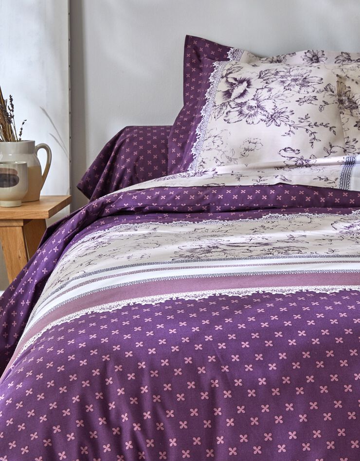 Linge de lit Gabrielle en coton imprimé pois, fleurs et dentelle (prune)
