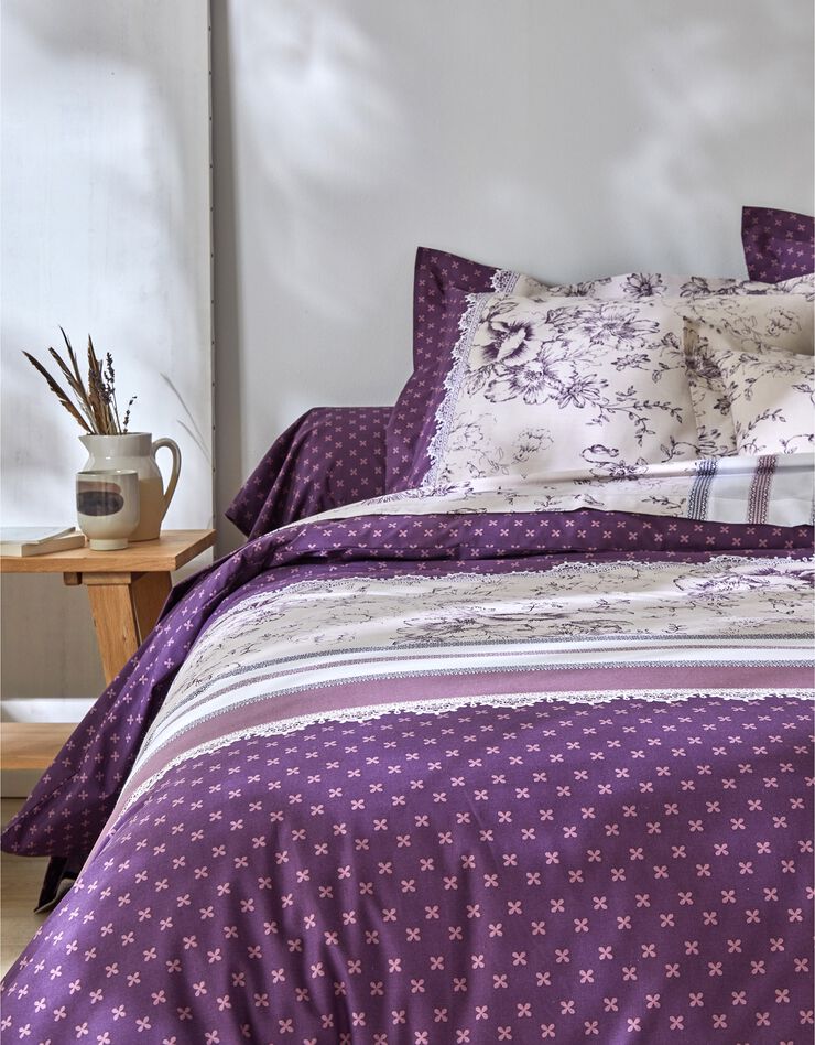 Linge de lit Gabrielle en coton imprimé pois, fleurs et dentelle (prune)