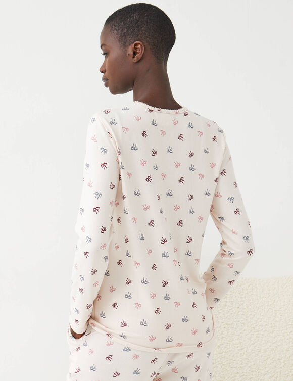 Pyjama pantalon tout doux manches longues imprim&eacute; noeud (cr&egrave;me)