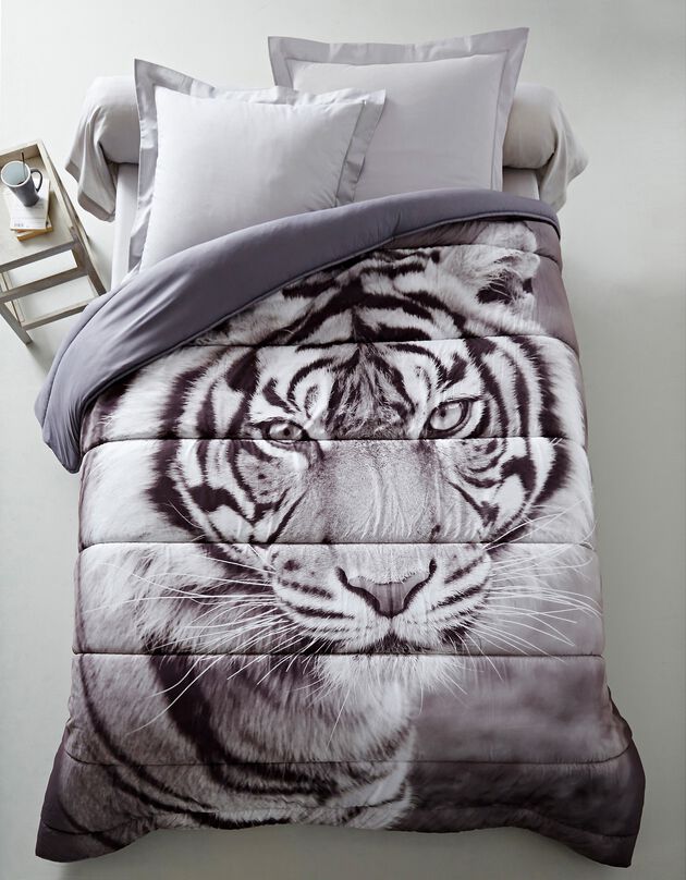 Couette microfibre impression photo tigre 400g/m2 (blanc / gris)