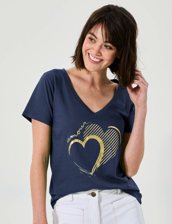 T-shirt col V imprimé doré (marine)