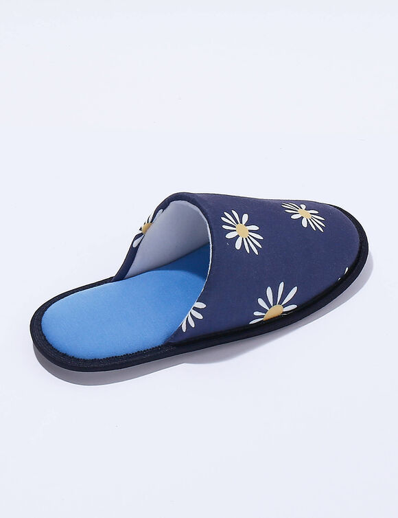 Mules plates souples brodées marguerites (bleu)