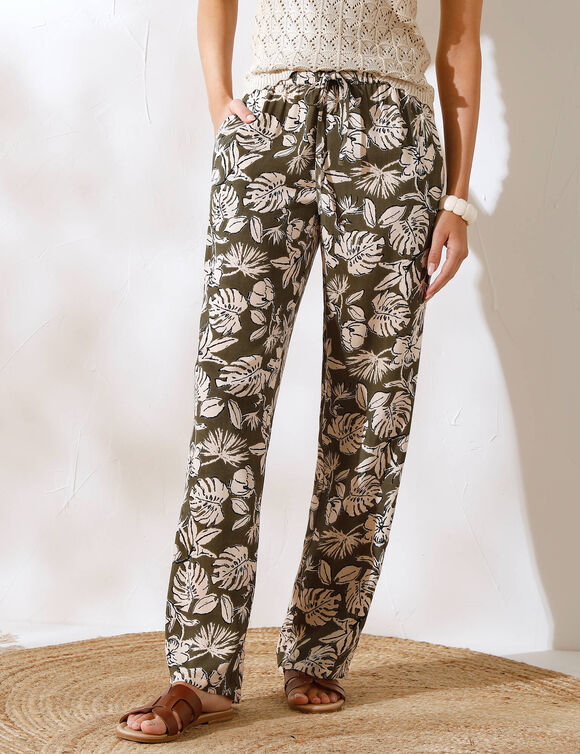 Pantalon large fluide imprimé, coupe large (kaki / écru)