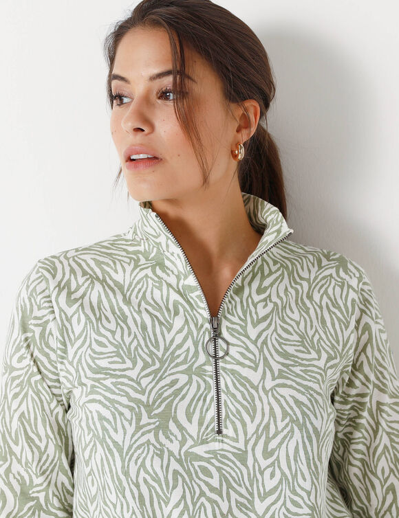 T-shirt col montant zippé imprimé zébré (vert amande)