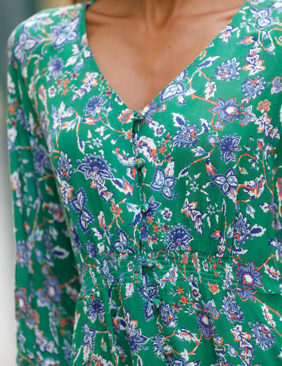 Robe longue boutonnée imprimée crépon (vert / bleu)