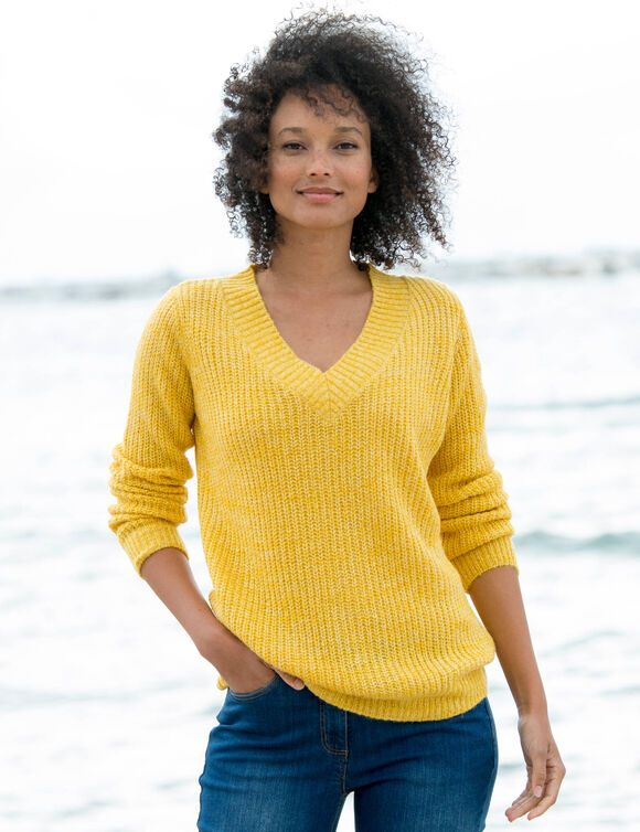 Pull loose col V, maille anglaise (curry chiné)