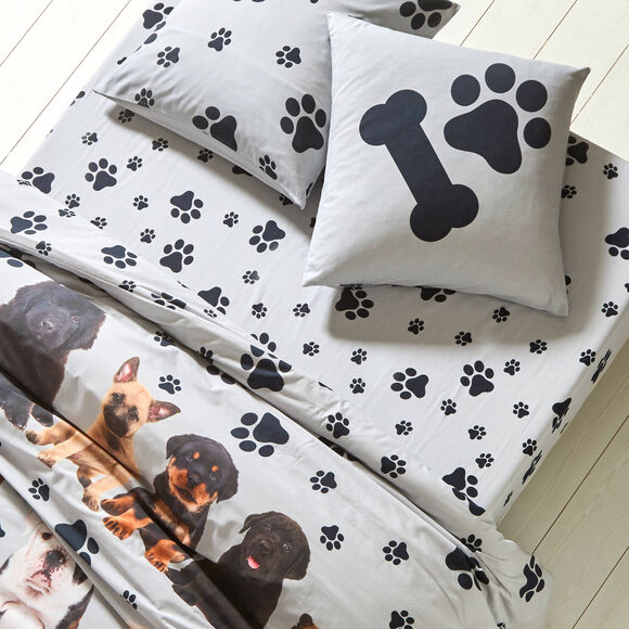 Linge de lit Fidèles en coton imprimé chiots (gris)