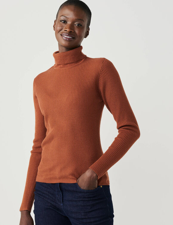 Pull col roul&eacute;, maille c&ocirc;tel&eacute;e (ch&acirc;taigne)