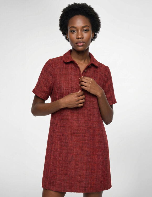 Robe polo en tweed uni, manches coudes (bordeaux)