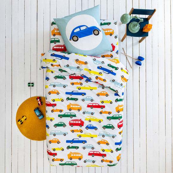 Bedlinnen voor kinderen Vroum, katoen - autoprint (wit)