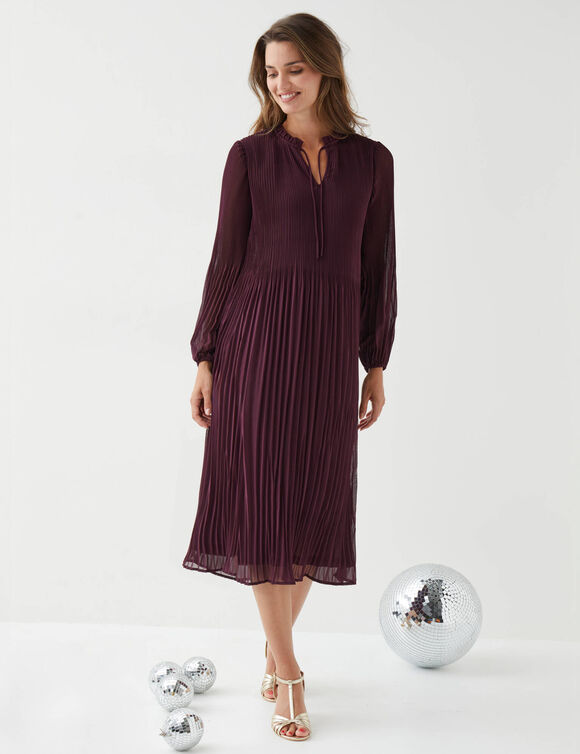 Effen halflange jurk, geplooide voile (pruim)