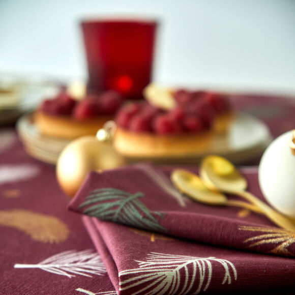 Tafellaken met goudkleurige bladerenprint (wijnrood)