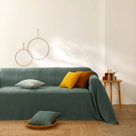 Effen katoenen plaid of sprei, ambachtelijk geweven (grijsgroen)