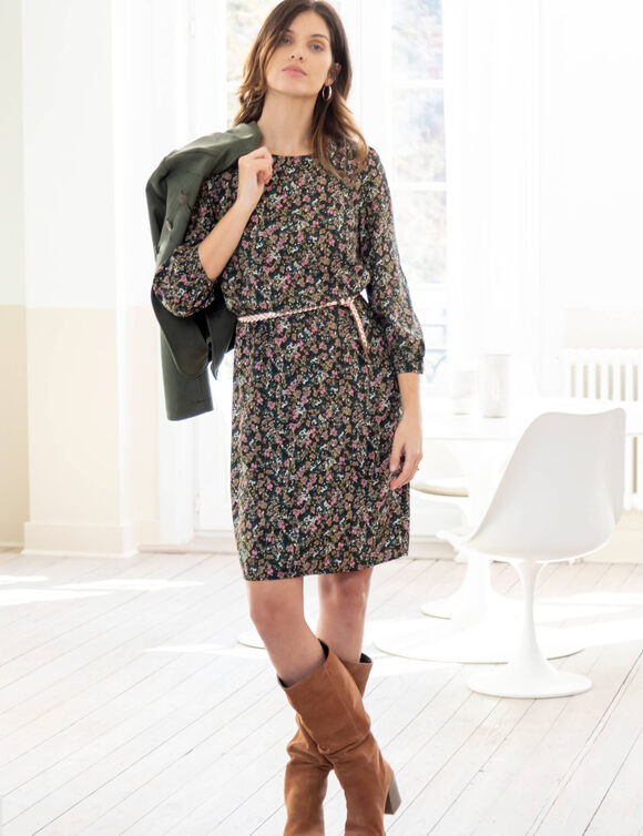 Robe droite manches 7/8ème imprimée (kaki / rose)