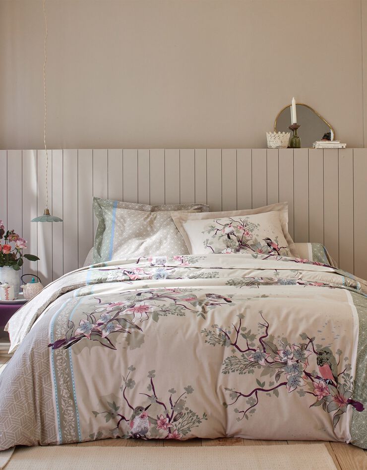 Linge de lit Birdy en coton imprimé oiseaux (sable)