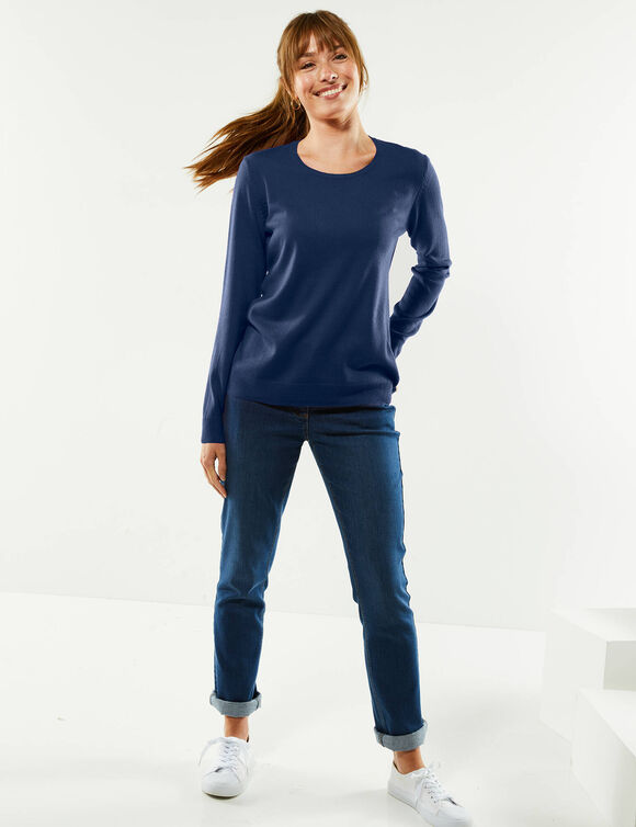 Pull col rond uni, manches longues, toucher doux (marine)