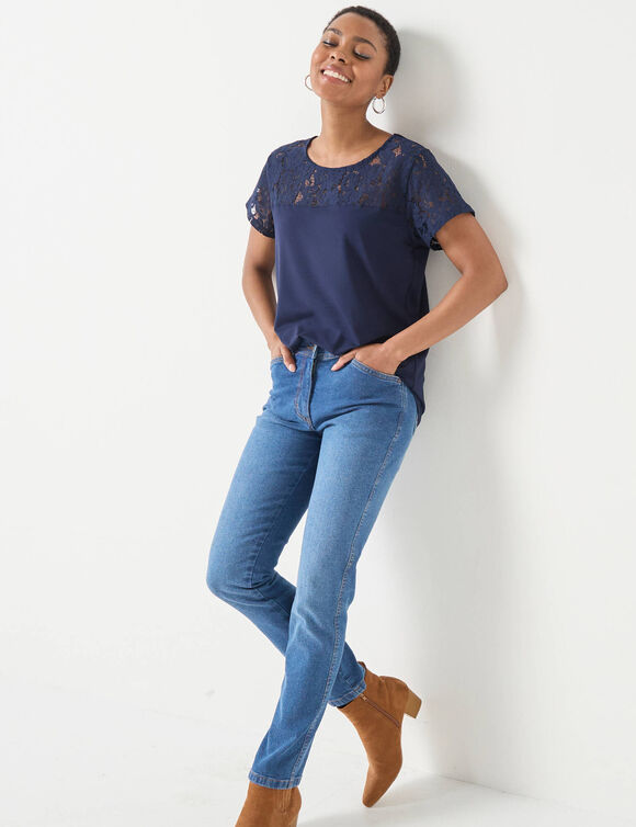 T-shirt met korte mouwen en kant (marine)