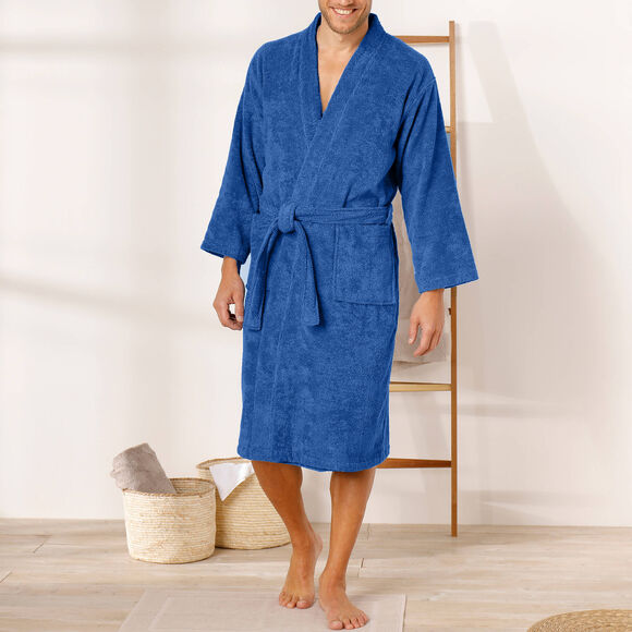 Peignoir mixte adulte col kimono éponge bouclette  (bleu dur)