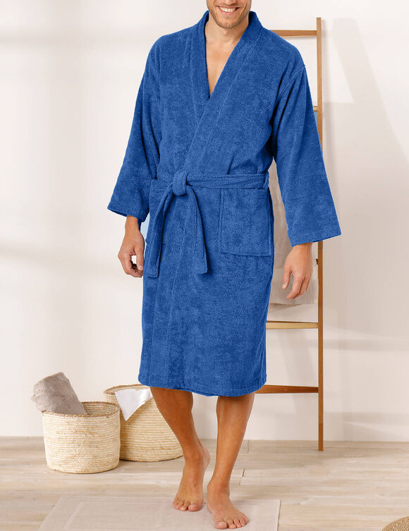 Peignoir mixte adulte col kimono éponge bouclette  (bleu dur)