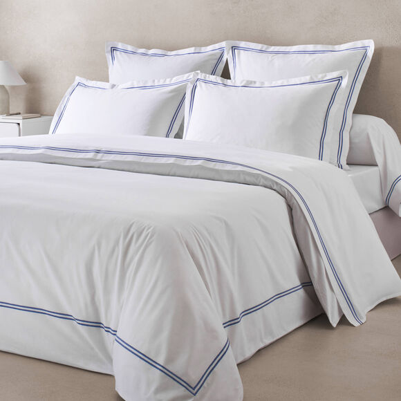 Linge de lit uni double bourdon - percale de coton 80 fils/cm&sup2; (blanc / bleu)