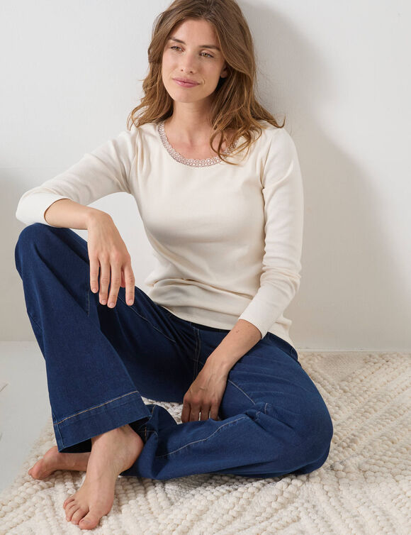 T-shirt manches longues biais dentelle avec brassière - chaleur douce (écru)