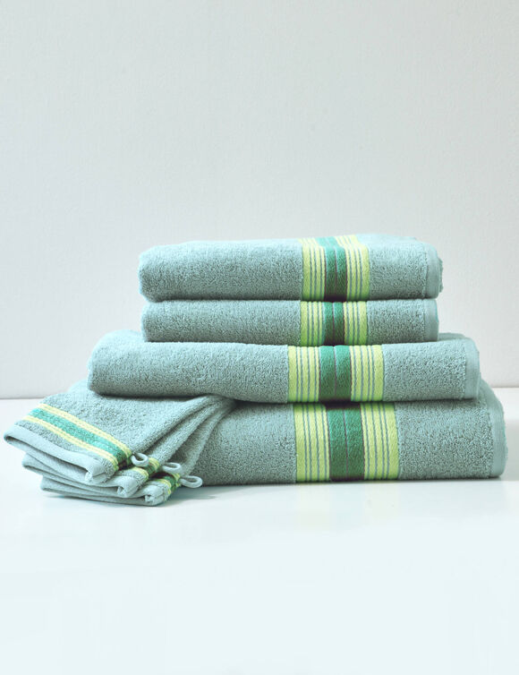 Collection serviettes de bain liteau rayures bayad&egrave;res - &eacute;ponge bouclette 420 gr/m&sup2; (vert d'eau)