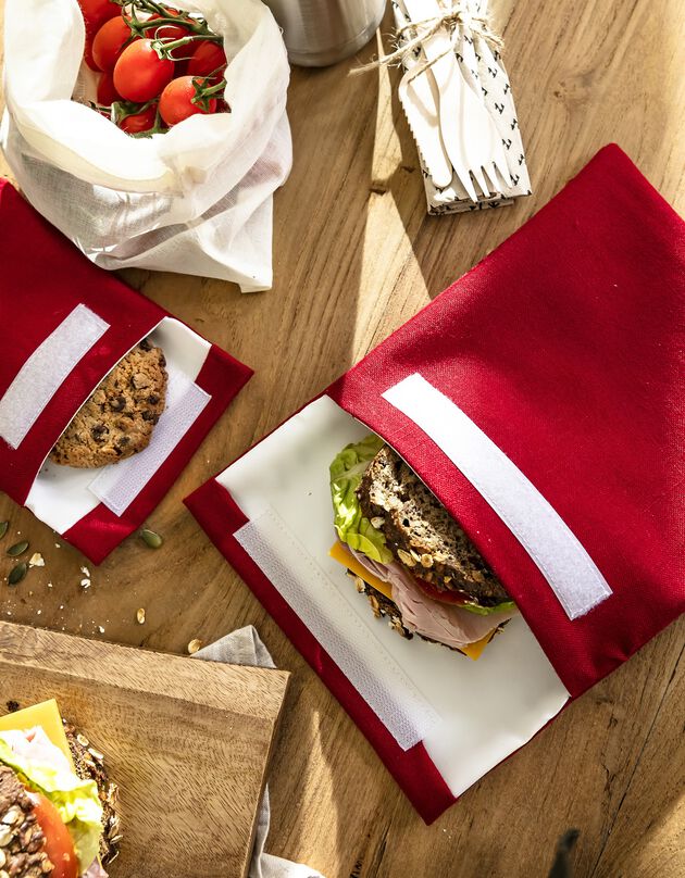 Pochettes alimentaires en tissu pour club sandwich et encas - collection upcycling (rouge)