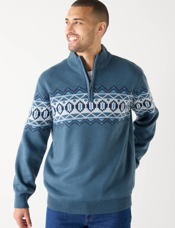 Trucker trui van jersey met jacquardmotief en fleecevoering (grijsblauw)