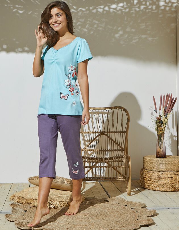 T-shirt pyjama manches courtes imprimé placé papillons (turquoise grisé)