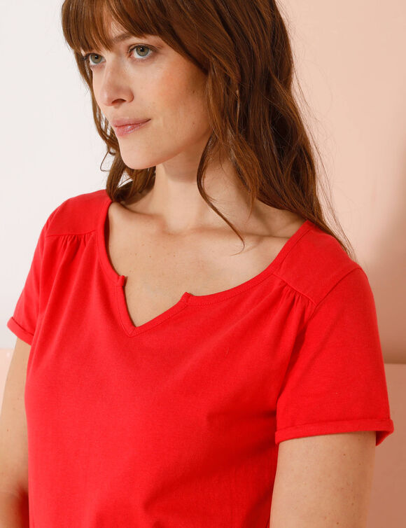 T-shirt col tunisien uni, coton (coquelicot)