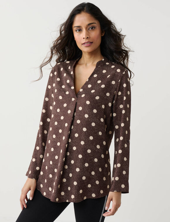 Blouse col tunisien imprim&eacute; pois, cr&ecirc;pe (chocolat / beige)