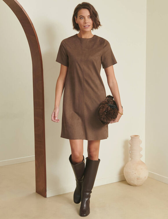 Effen jurk met korte mouwen, su&egrave;de-look (chocolade)