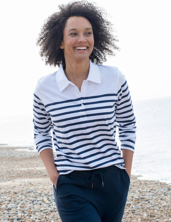 Polo ray&eacute; maille jersey (blanc cass&eacute; / marine)